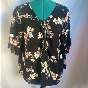 XL Floral Black Tie Up Blouse